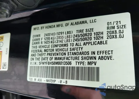2021 Honda Passport Awd Ex-L from USA, damaged, VIN 5FNYF8H58MB013506